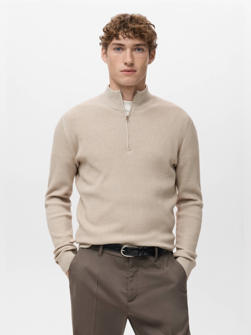 NWT! MNG Mango Beige Quarter Zip Knit Sweater Mock Neck Pullover 25418